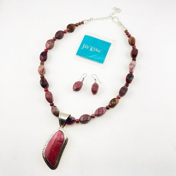 Jay King Necklace Pendant Earrings Set Rhodochrosite Pink Sterling Silver DTR